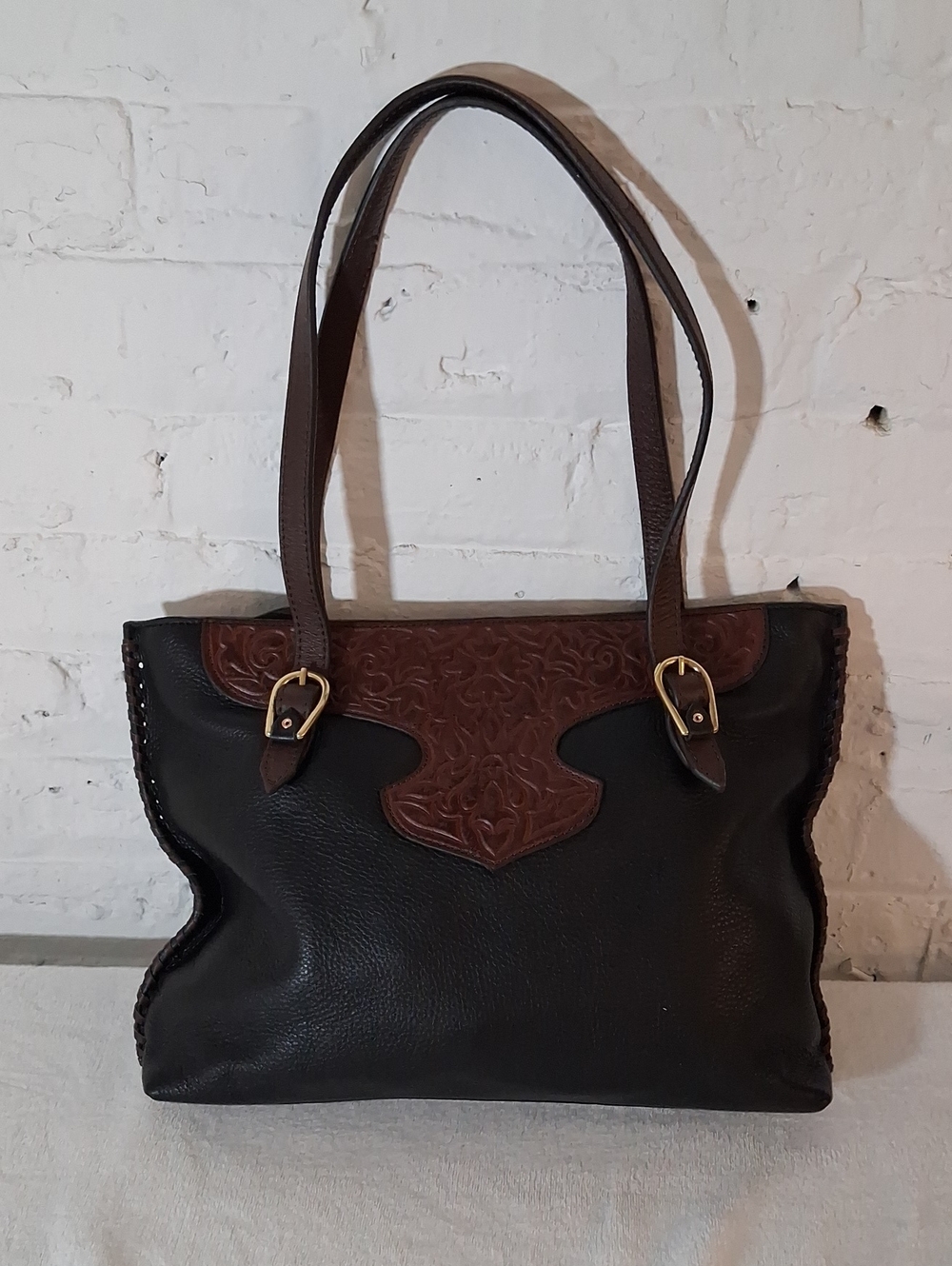 Hidesign Brown & Black Western Leather Tote with Embossed Detail